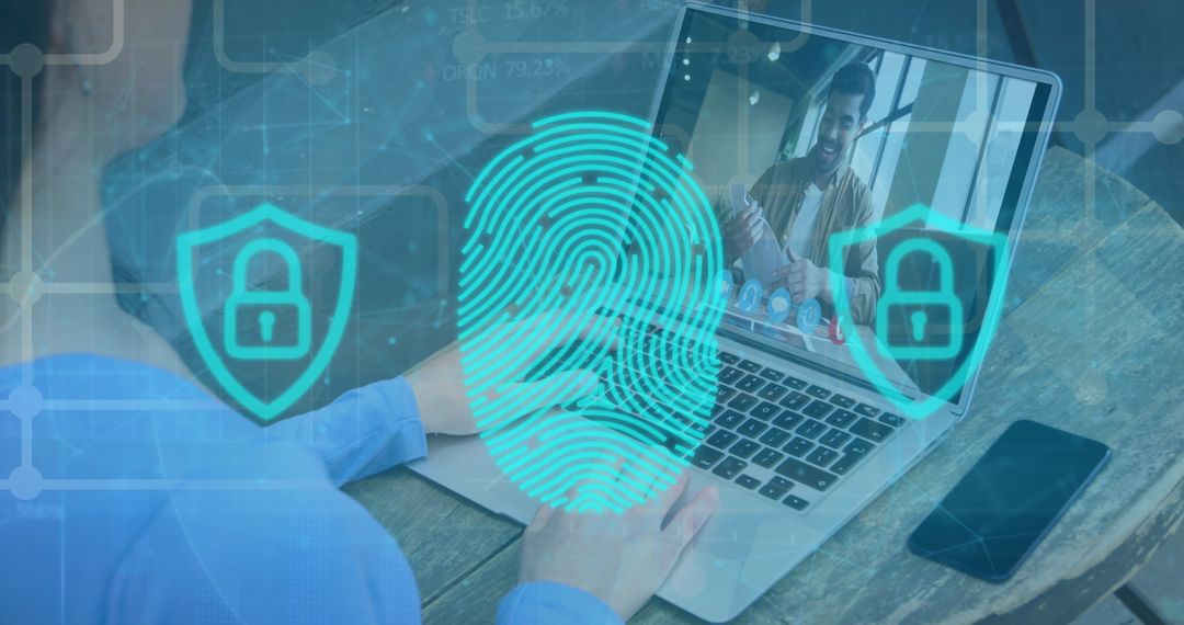 Businesswoman on Virtual Call with Cyber Security Elements Overlay