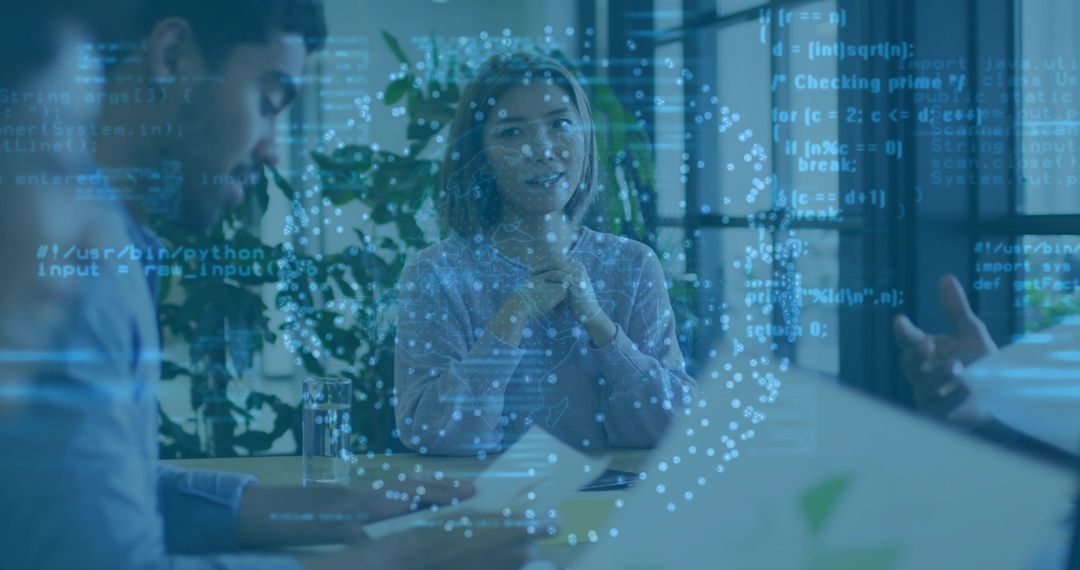 Team Meeting in Modern Office with Digital Overlay