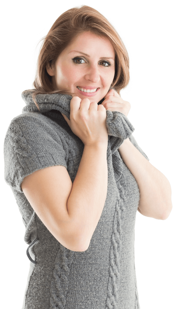Smiling Woman in Winter Woolen Turtleneck Sweater, Transparent Background