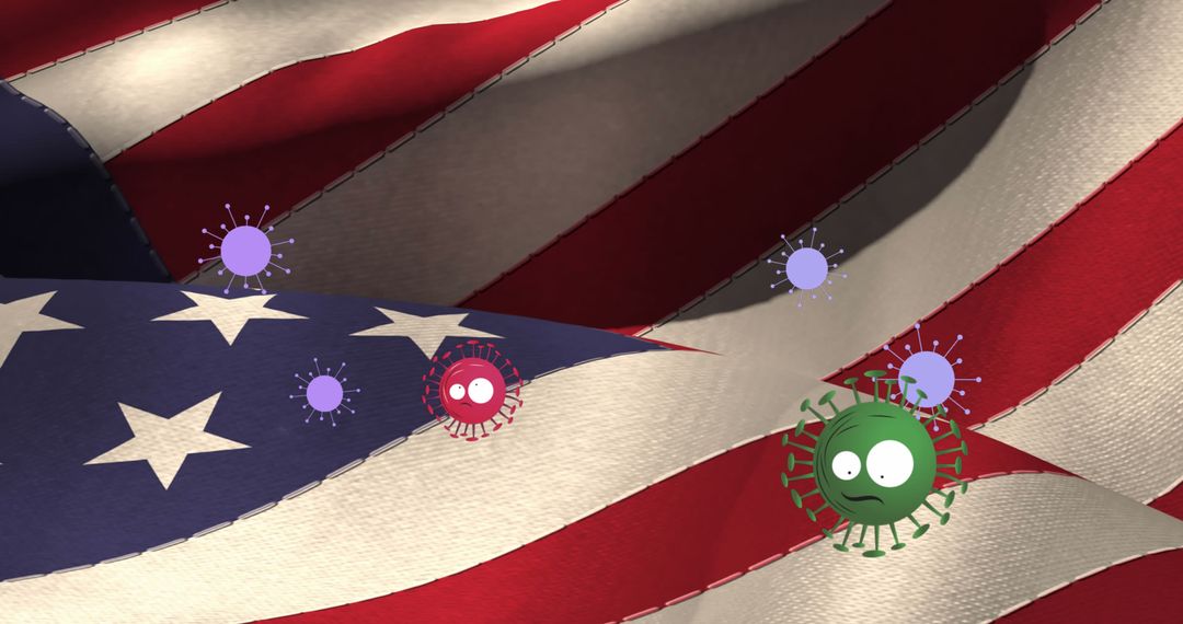 Virus Cells Overlapping U.S. Flag Illustrating COVID-19 Impact