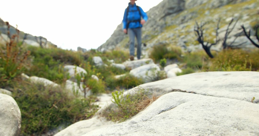 Hiker Walking on Rocky Trail in Mountainous Terrain - Free Images, Stock Photos and Pictures on Pikwizard.com