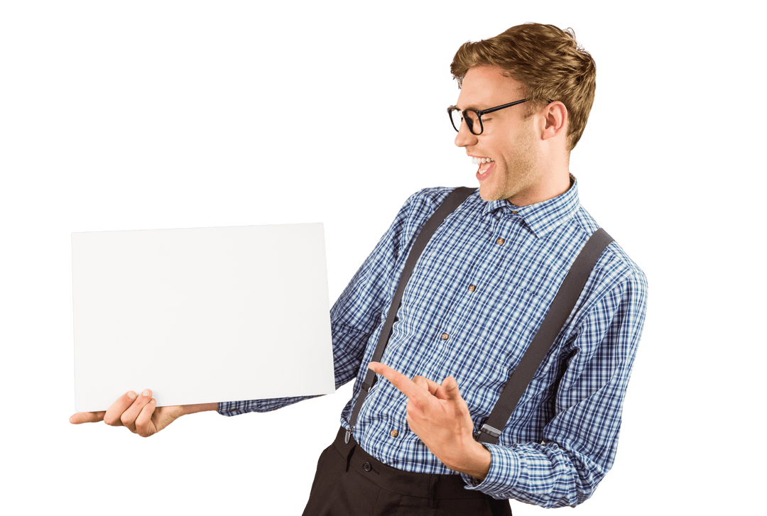 Happy Hipster Geek Pointing to Blank Transparent Sign