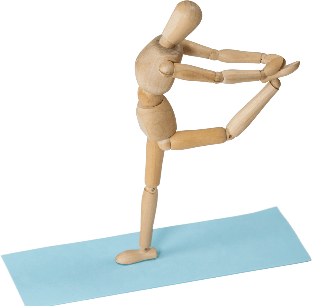 Wooden Mannequin Exercising on Transparent Mat Background