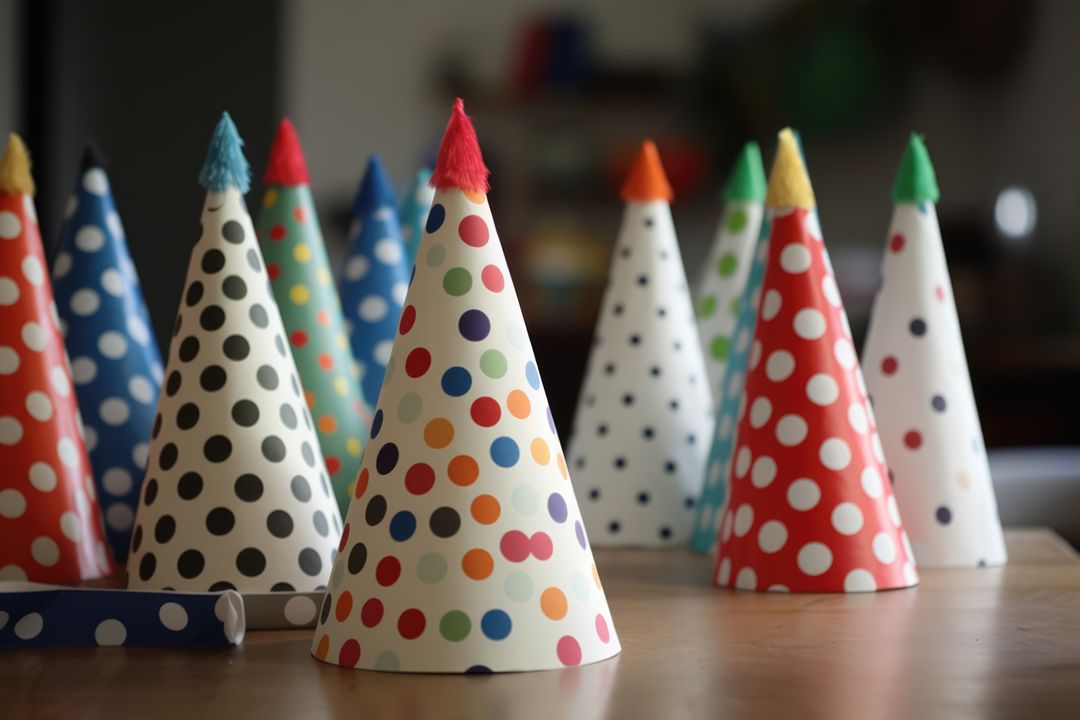 Close up of party hats on wooden surface, created using generative ai technology - Free Images, Stock Photos and Pictures on Pikwizard.com