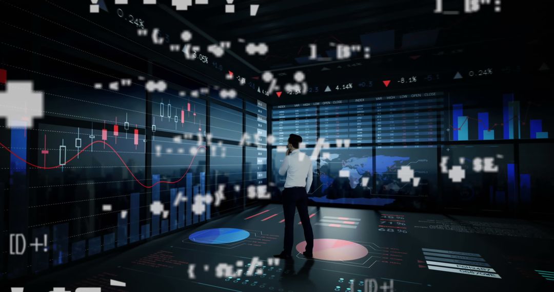 Man in Control Room Analyzing Data on Curved Screens