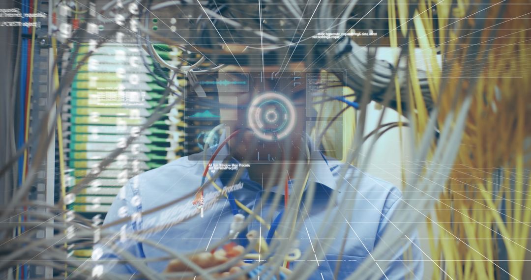 Man Analyzing Data in High-Tech Server Room with Virtual Interface - Free Images, Stock Photos and Pictures on Pikwizard.com