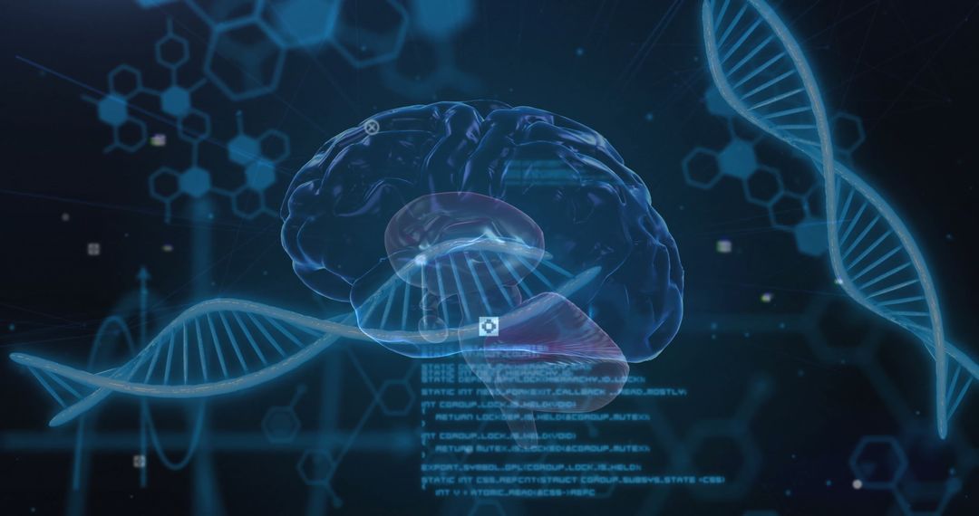 Digital Brain Data and DNA Intertwined in Futuristic Visualization