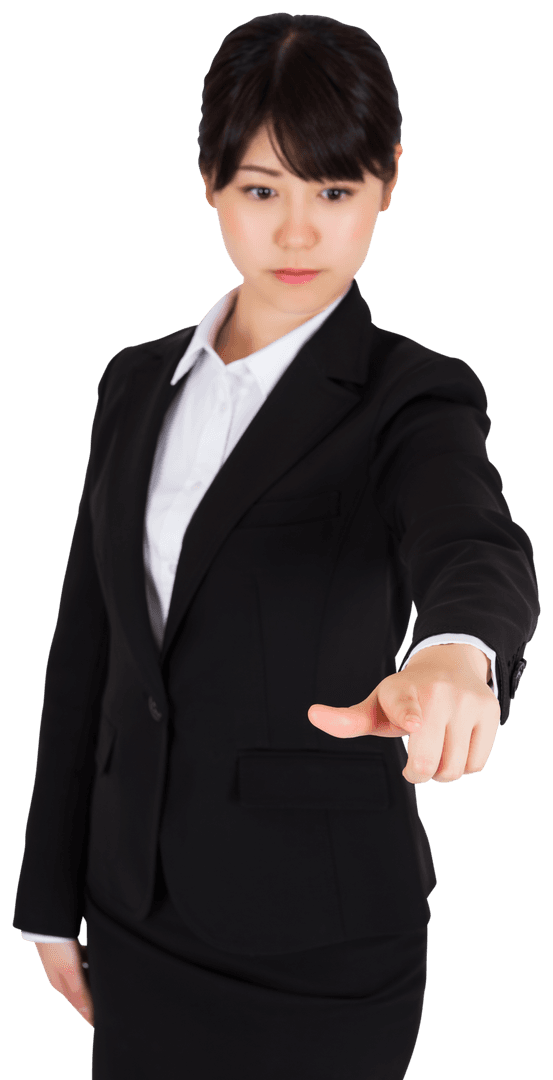 Transparent Professional Woman Pointing with Determination