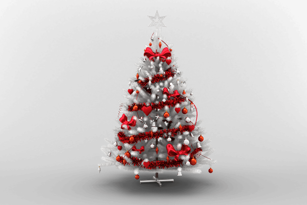 Elegant White Christmas Tree with Red Decorations On Transparent Background