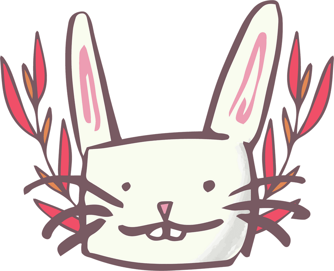 Playful White Rabbit Illustration with Plants on Transparent Background