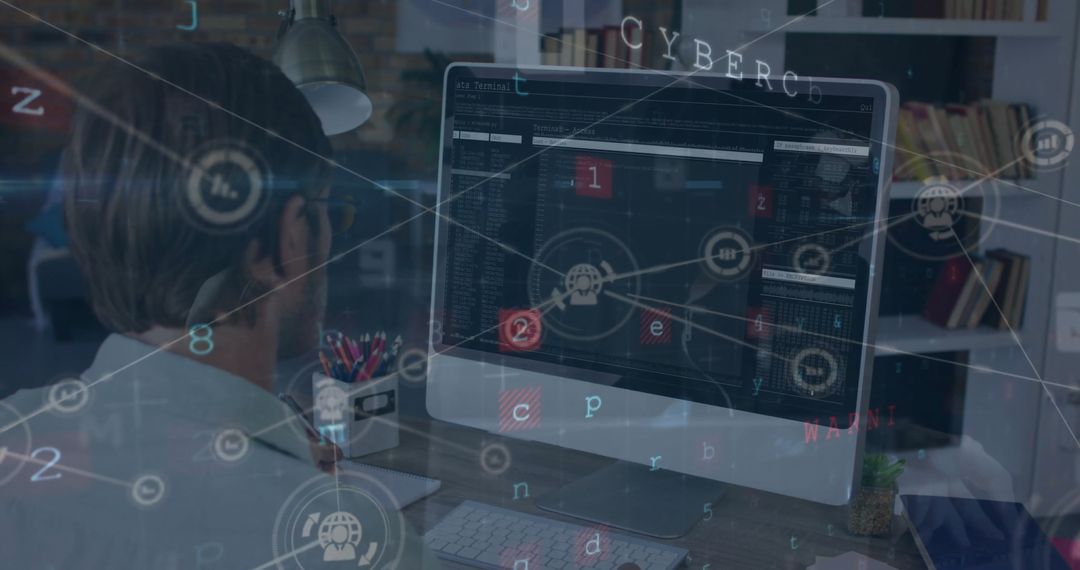 Businessman Exploring Cybersecurity and Data Networks