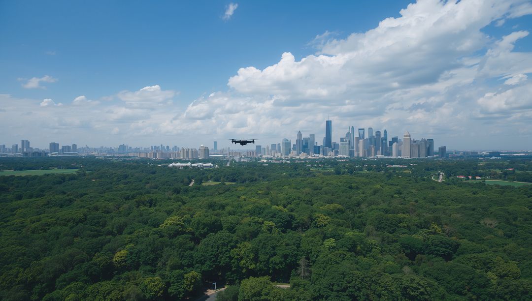 Drone hovering over vast urban park canopy with modern skyline background
