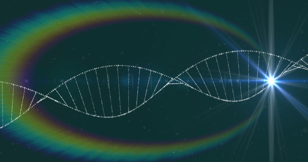 Glowing DNA Helix with Light Spark and Rainbow Reflections