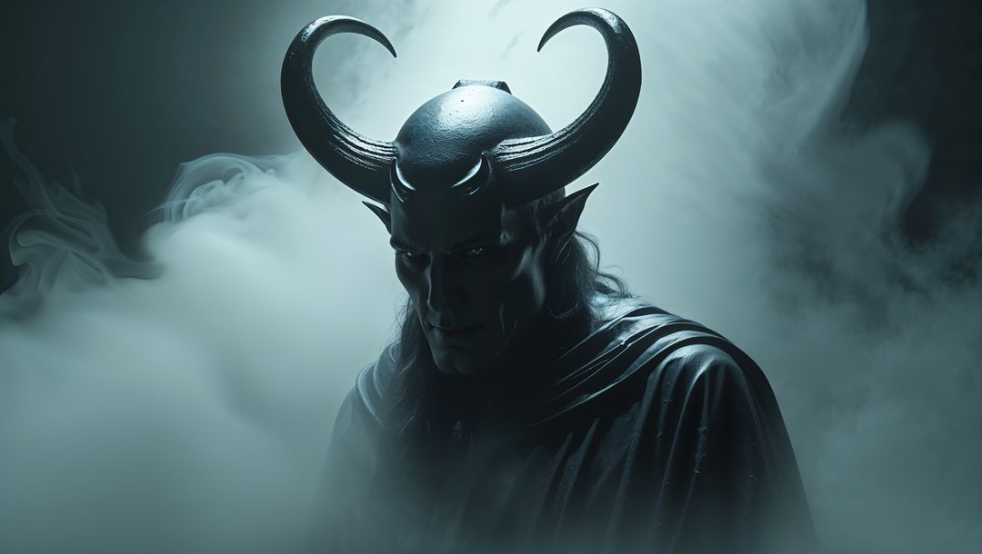 Dark mythical satan with horned helmet in misty atmosphere