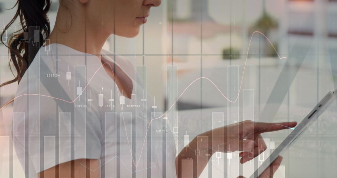 Businesswoman Analyzing Digital Data on Tablet with Graph Overlay