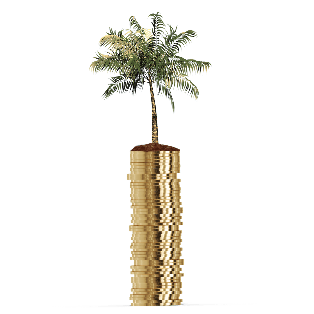 Transparent Palm Tree on Stack of Coins Illustrates Finance and Nature