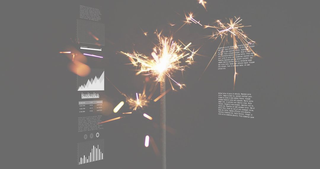 Single Sparkler Burning with Bokeh Trails and Data Overlay for Minimalist Celebration