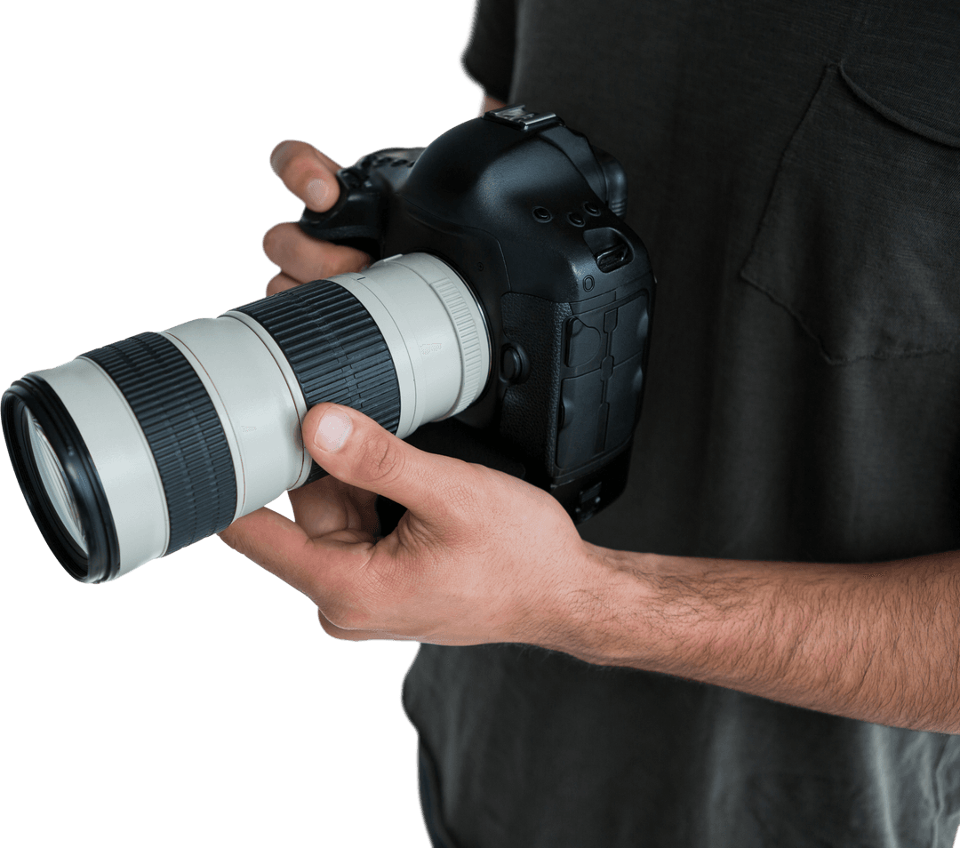 Closeup of Photographer Holding Camera with Large Lens on Transparent Background