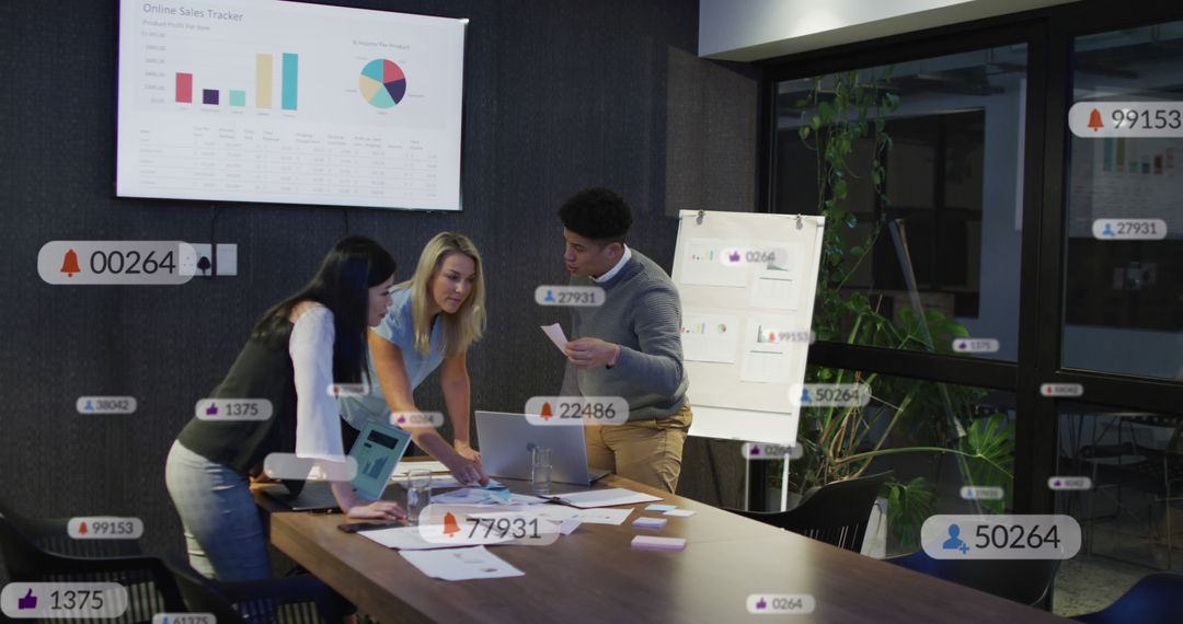 Diverse Colleagues Collaborating with Social Media Analytics Icons Overlay