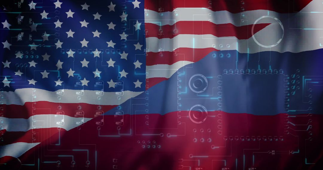 Digital Flags of USA and Russia with Data Processing Theme