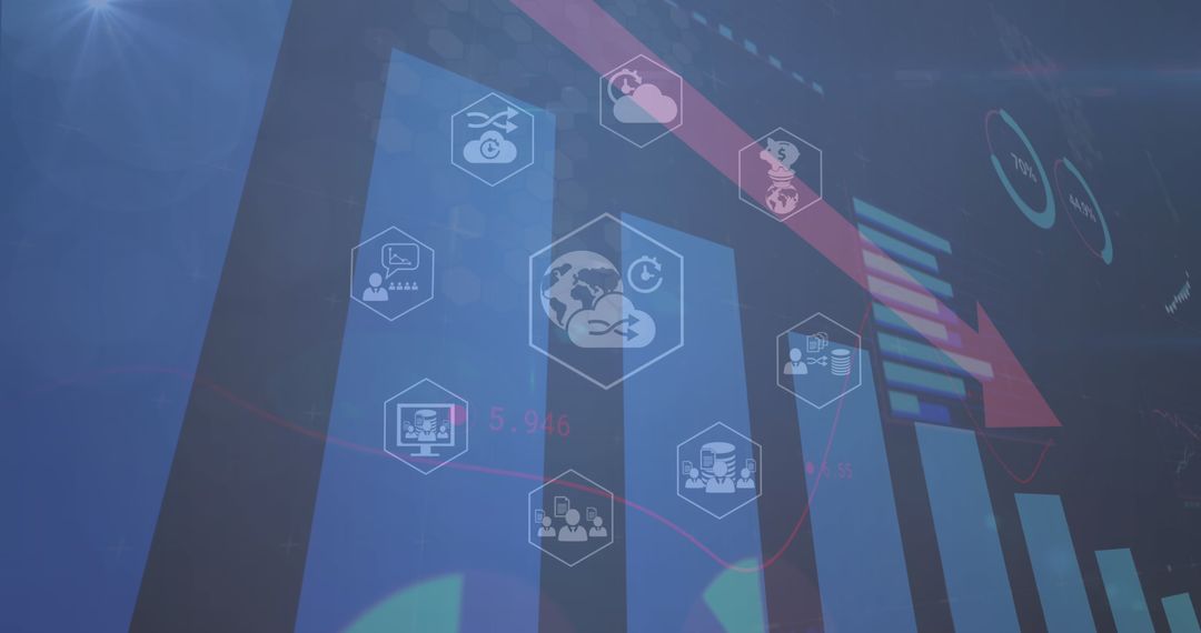 Declining Arrow with Technology Data Icons Representing Business Loss, Modern Global UI