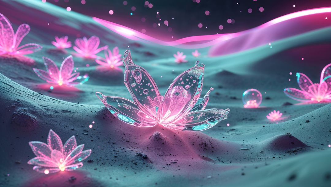 Neon Lotus Flowers Blooming in Illuminated Alien Desert