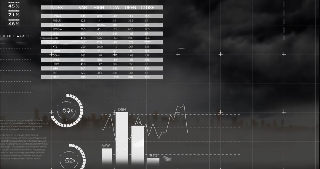 Futuristic Infographic Interface with Foggy Cityscape