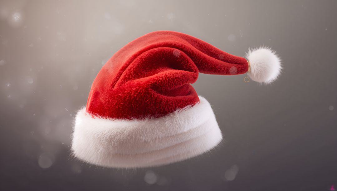 Plush Santa Hat Drooping with Fluffy Pom-Pom and White Fur Trim against Soft Bokeh