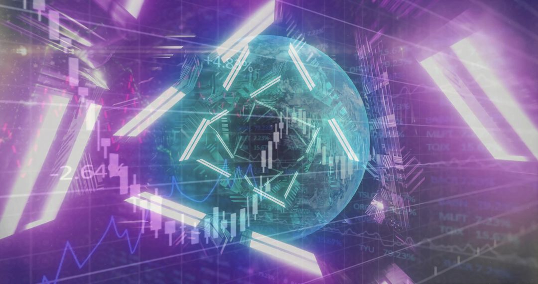 Futuristic Cyber Financial Interface with Neon Globe Projection