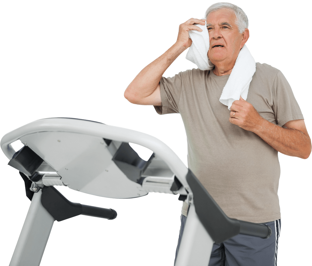 Senior Man Refreshing on Treadmill Isolated Transparent