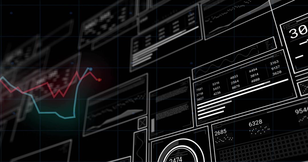 Displaying Futuristic Data Dashboard with Neon Line Charts, Metric Panels and Gauge UI
