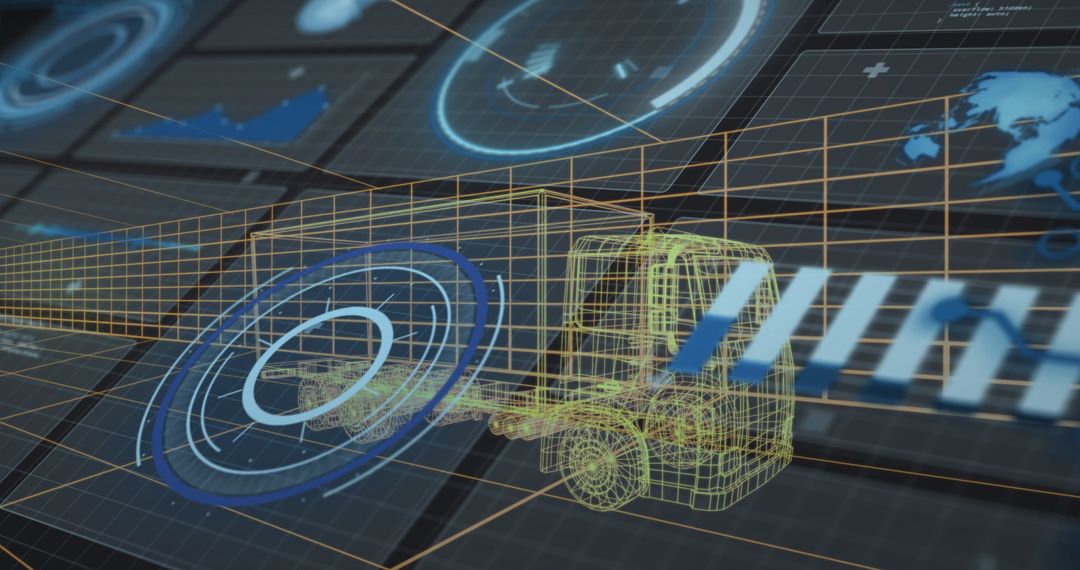Futuristic Wireframe Forklift in Digital Grid Interface Environment