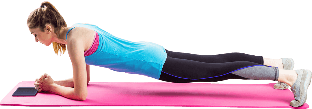 Transparent Female Athletically Holding Plank Pose on Fitness Mat