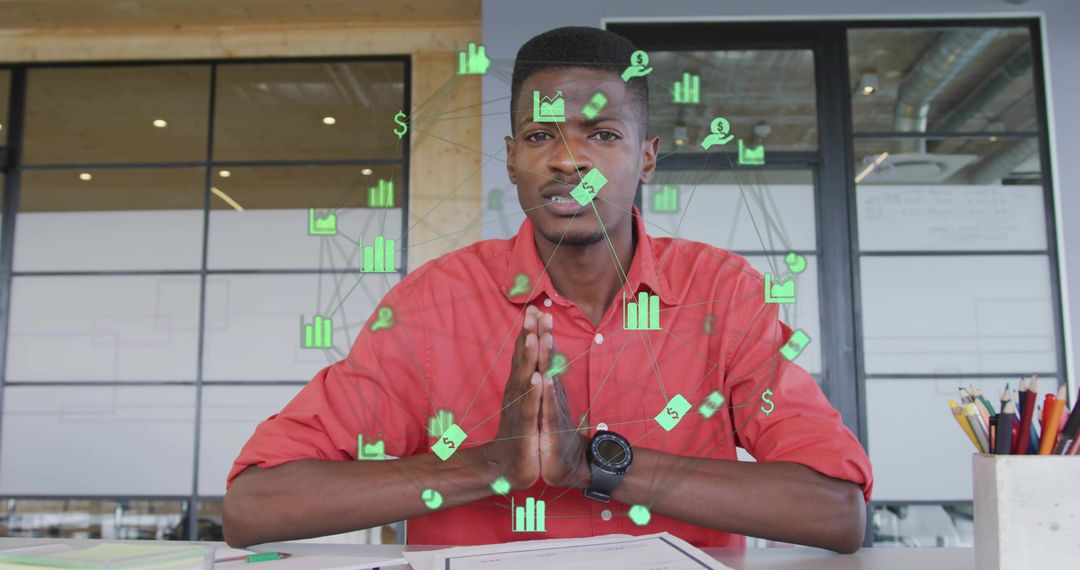 Entrepreneur Reviewing Financial Data with Floating Holographic Analytics Overlay
