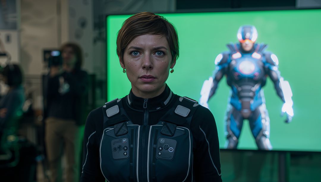 Female Actor in Mocap Suit Standing at Greenscreen Monitor with Armored CGI Character