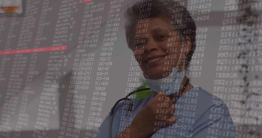 Nurse in Clinic Reviewing Digital Data with Error Code Overlay