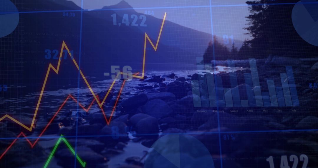 Rocky Lakeshore at Dusk Overlaying Financial Charts and Rising Line Graphs