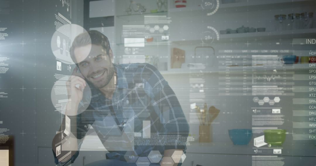 Businessman Analyzing Data with Futuristic Interface Holograms