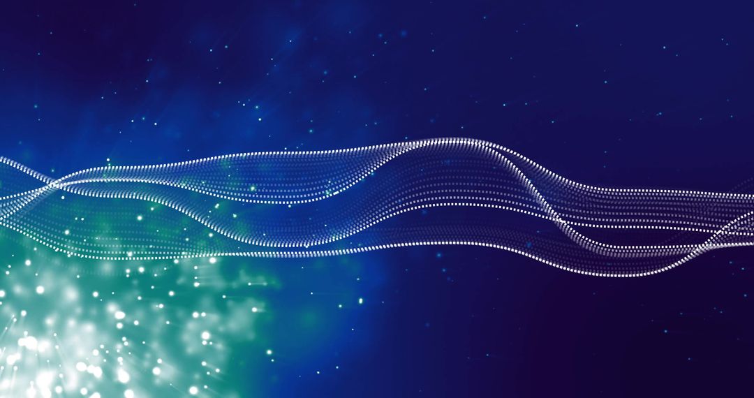 Abstract Digital Waves and Data Particles on Blue Background