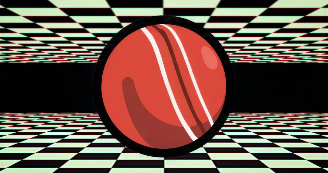 Floating Red Sphere Spinning in Neon Checkerboard Tunnel with Black Ring and White Stripes