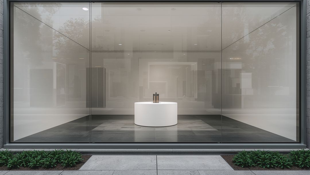 Minimalist Storefront Display with White Pedestal and Luxury Bottles under Spotlights