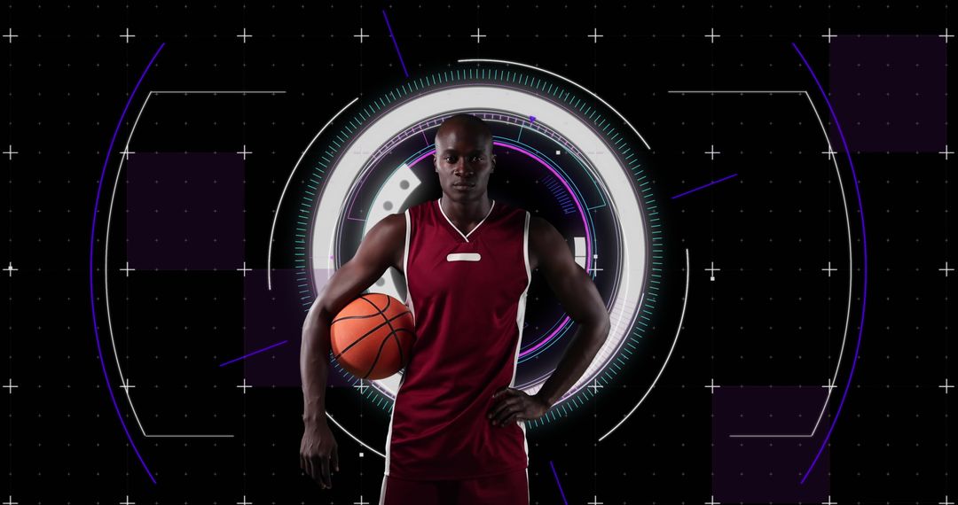 Basketball Player in Futuristic Digital Interface Background