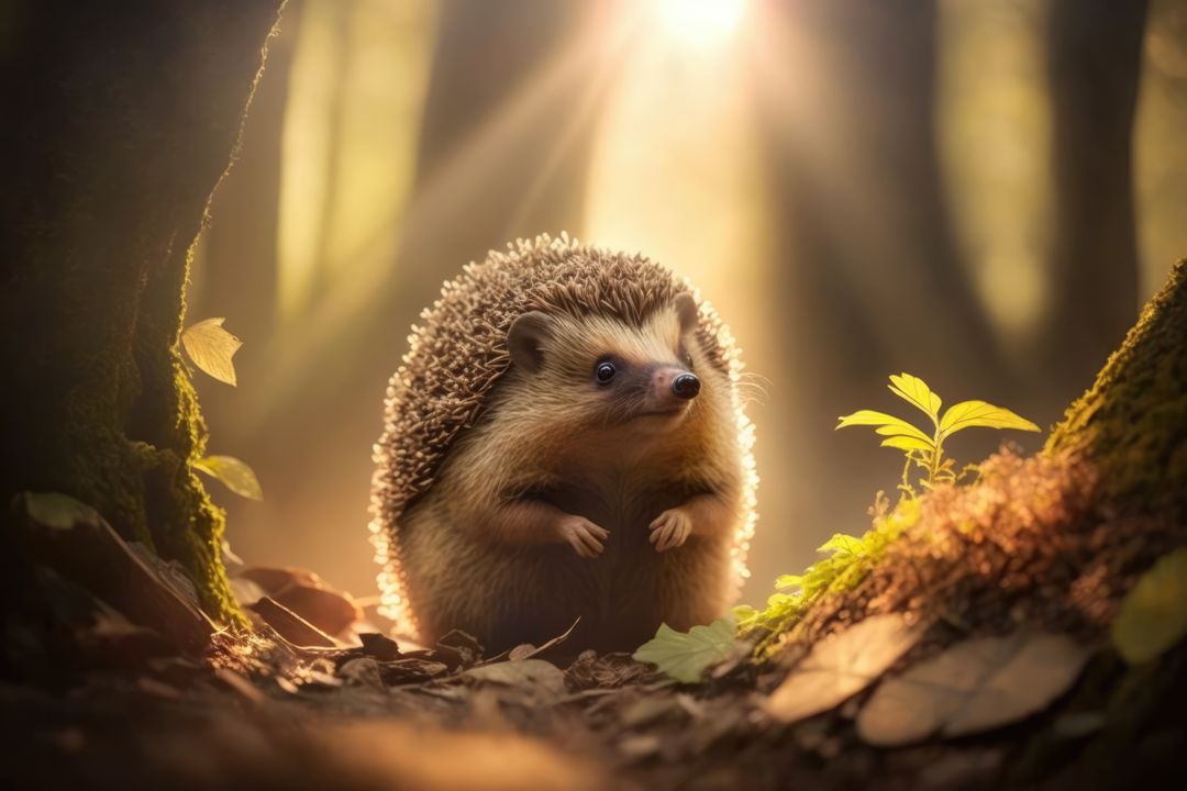Hedgehog in Enchanted Forest With Sunlight Through Trees - Free Images, Stock Photos and Pictures on Pikwizard.com