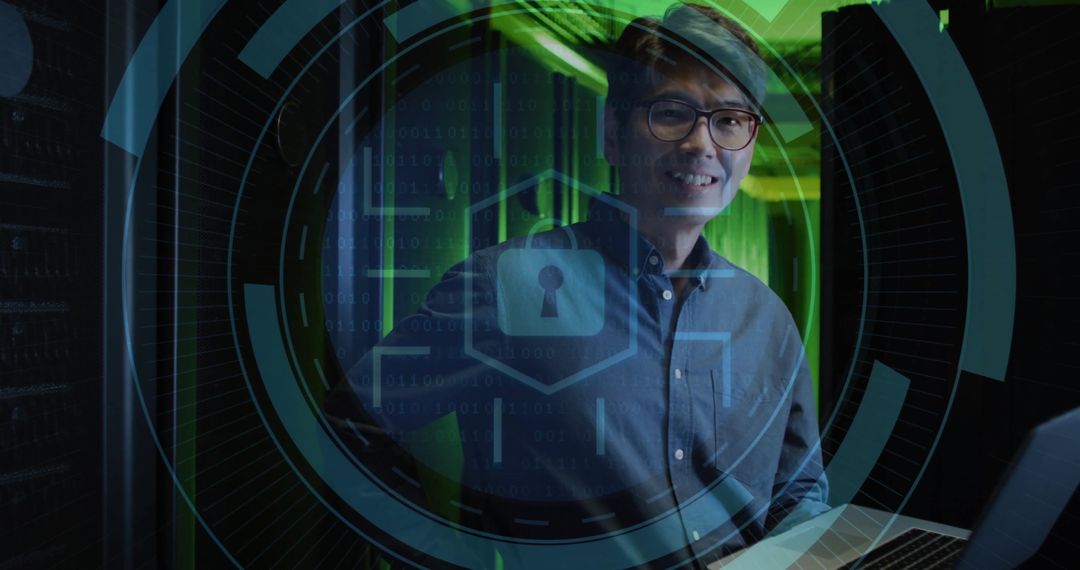 Cybersecurity Expert in Server Room with Digital Interface Overlay