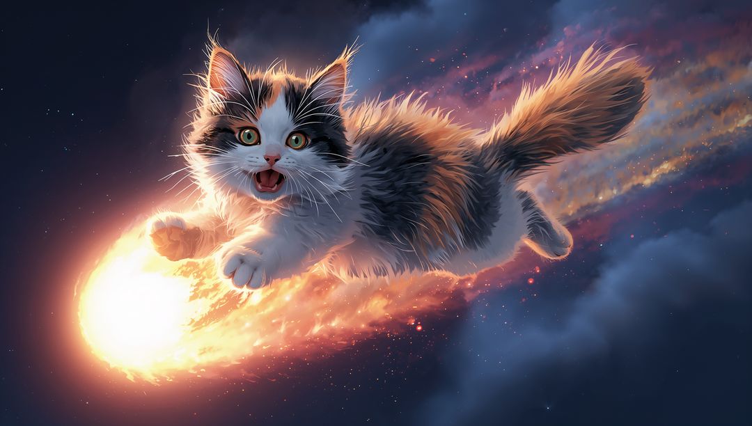 Soaring Fluffy Calico Kitten Riding Glowing Meteor Across Starry Cosmic Sky with Fiery Trail