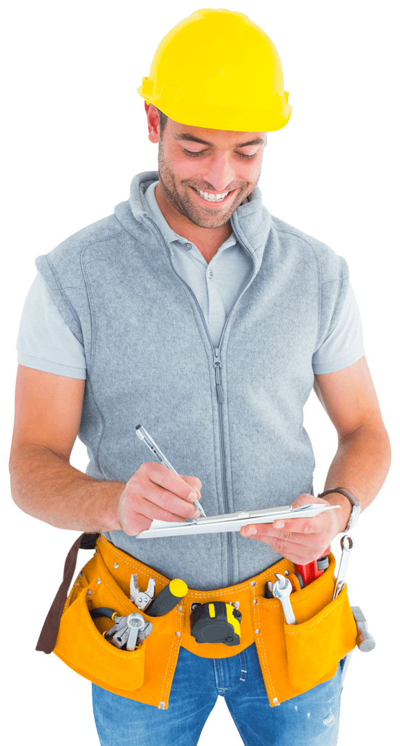 Transparent Smiling Repairman with Yellow Hard Hat Using Clipboard