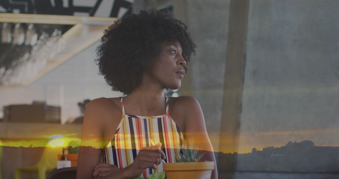 Contemplative Woman with Overlay of Sunset Serenity