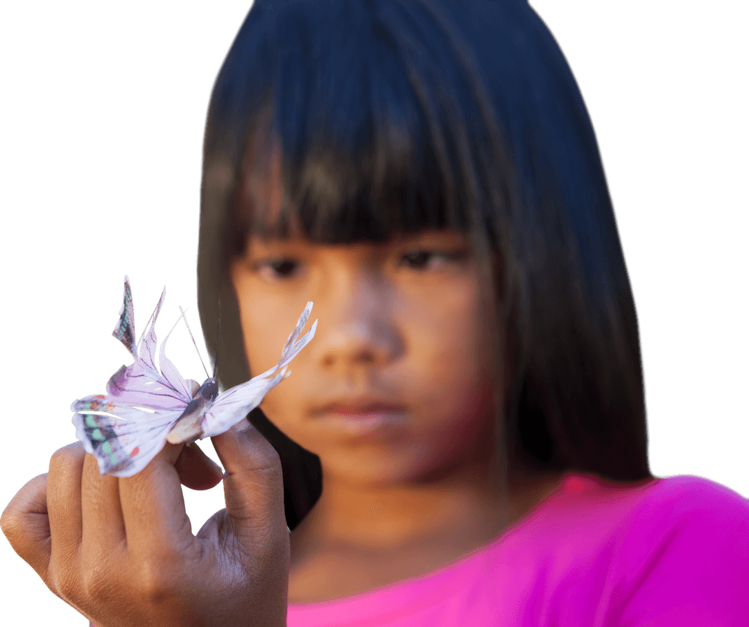 Transparent Little Girl Gazing at Butterfly in Hand
