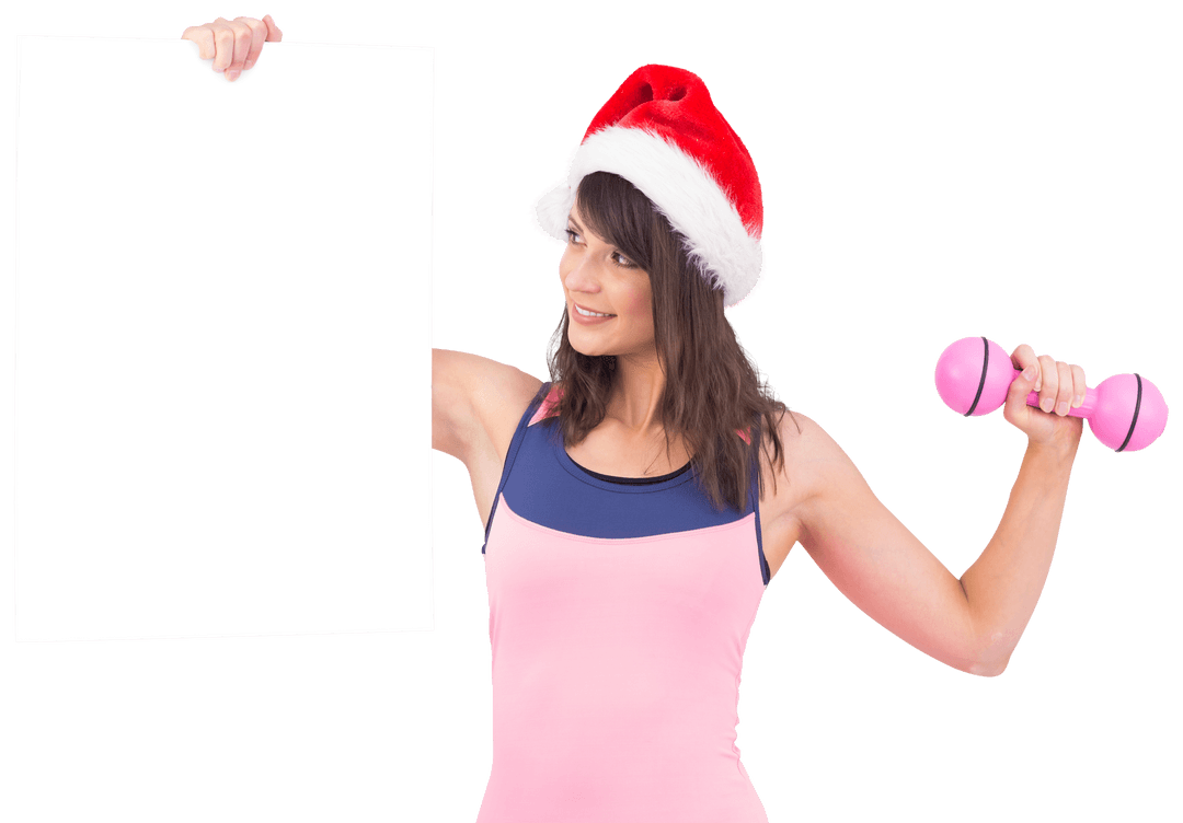 Festive Fitness Enthusiast Holding Transparent Poster and Dumbbell
