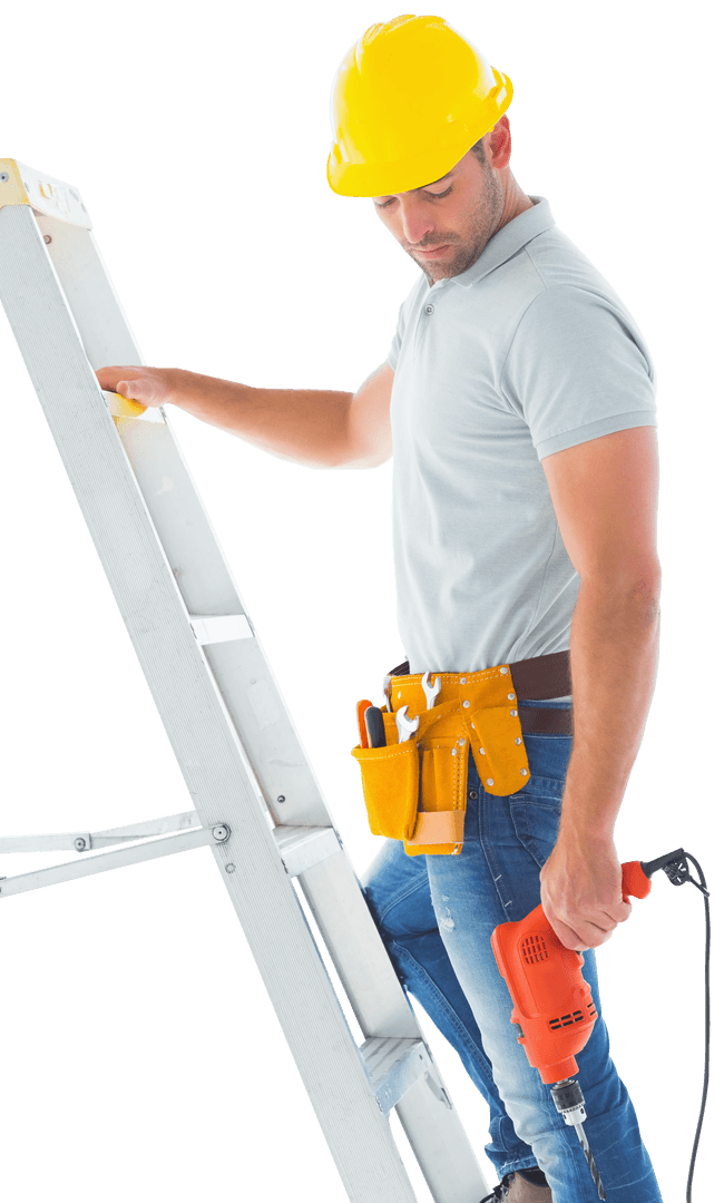Caucasian Worker on Ladder Holding Drill Transparent Background